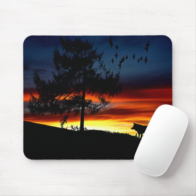 Black Silhouette of Wolf, Birds and Tree in Sunset Mouse Pad (With Mouse)