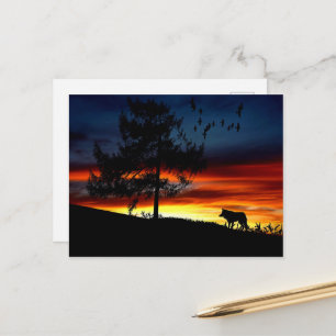 Black Silhouette of Wolf, Birds and Tree in Sunset Postcard