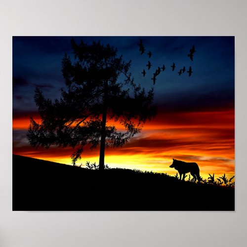 Black Silhouette of Wolf Birds and Tree in Sunset Poster