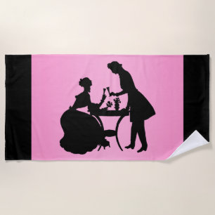 Black Silhouette on Pink Romantic Couple Wine Beach Towel