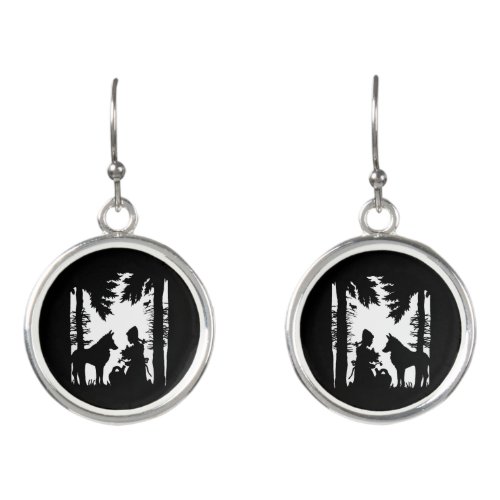 Black Silhouette on White Riding Hood Wolf Forest Earrings
