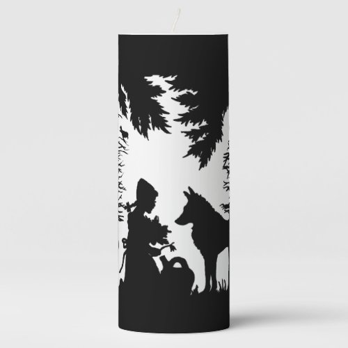 Black Silhouette on White Riding Hood Wolf Forest Pillar Candle