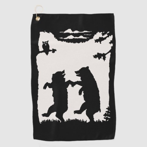 Black Silhouette on White Two Dancing Bears Owl Golf Towel