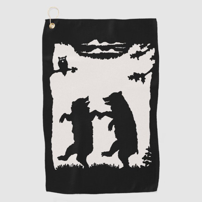 Black Silhouette on White Two Dancing Bears Owl Golf Towel (Front)