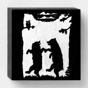 Black Silhouette on White Two Dancing Bears Trees Wooden Box Sign