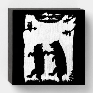 Black Silhouette on White Two Dancing Bears Trees  Wooden Box Sign