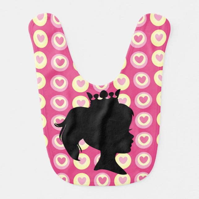 Black Silhouette Princess on Pink Hearts Bib (Front)