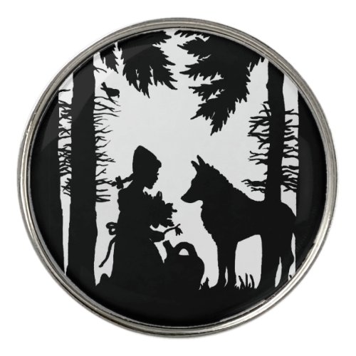 Black Silhouette Red Riding Hood in Woods Wolf Golf Ball Marker