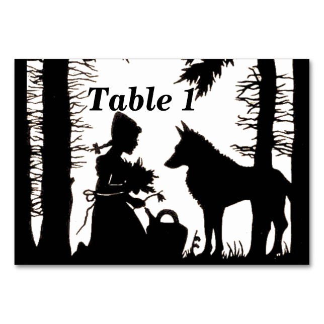 Black Silhouette Red Riding Hood Wolf Under Trees Table Number (Front)