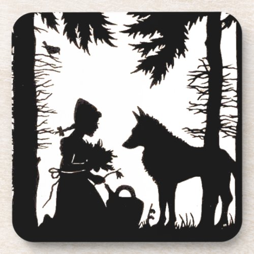 Black Silhouette Red Riding Hood Wolf Woods Beverage Coaster