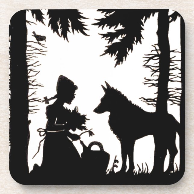 Black Silhouette Red Riding Hood Wolf Woods Beverage Coaster (Front)