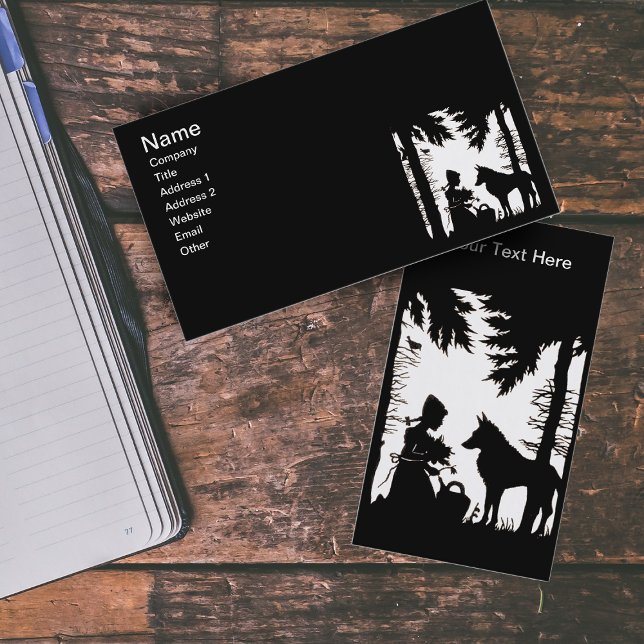 Black Silhouette Red Riding Hood Wolf Woods Business Card (Black silhouette on white Little Red Riding Hood in woods with wolf on business cards.)