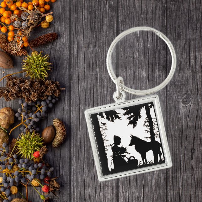 Black Silhouette Red Riding Hood Wolf Woods Keychain (Black white keychain with Little red riding hood under trees with the wolf.)