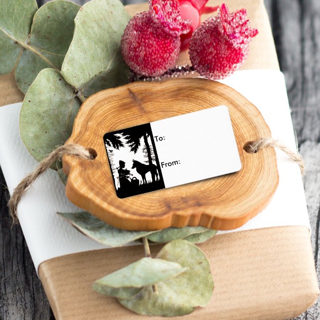 Black Silhouette Red Riding Hood Wolf Woods Label (Little Red Riding Hood with woof in the forest on silhouette black and white gift tag label.)