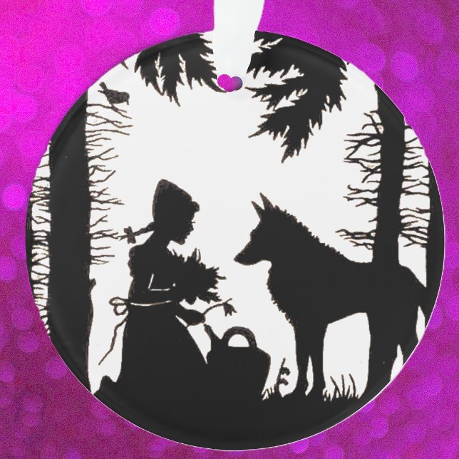 Black Silhouette Red Riding Hood Wolf Woods Ornament (black and white Red riding hood in woods with wolf on hanging ornament.)