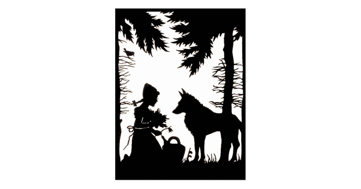 Black Silhouette Red Riding Hood Wolf Woods Postcard