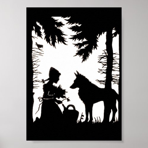 Black Silhouette Red Riding Hood Wolf Woods Poster