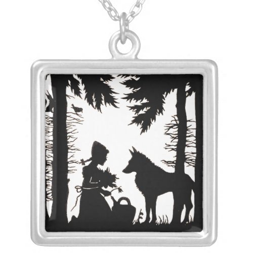 Black Silhouette Red Riding Hood Wolf Woods Silver Plated Necklace