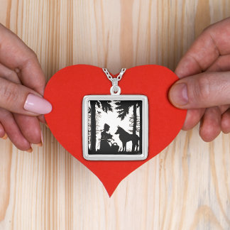 Black Silhouette Red Riding Hood Wolf Woods Silver Plated Necklace