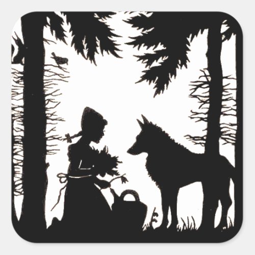 Black Silhouette Red Riding Hood Wolf Woods Square Sticker