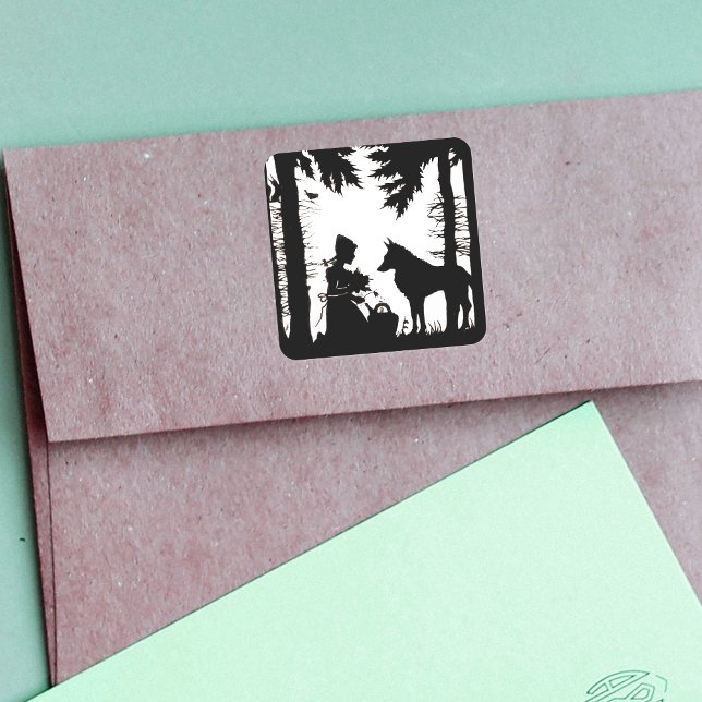 Black Silhouette Red Riding Hood Wolf Woods Square Sticker (Little Red Riding Hood black silhouette on white with wolf in forest on stickers.)