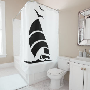 ""Black Silhouette SailBoat"" Shower Curtain