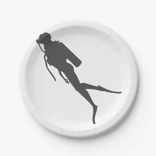 Black silhouette scuba divers paper plates (Front)