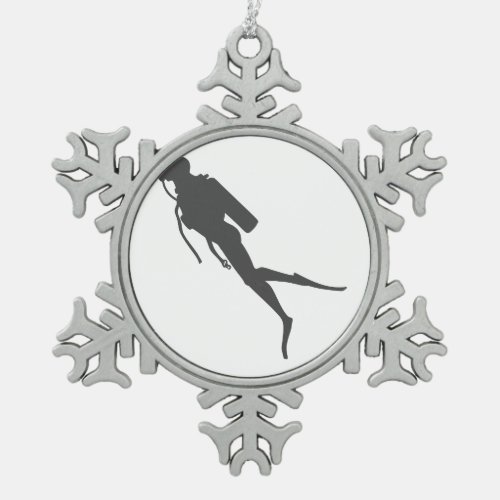 Black silhouette scuba divers snowflake pewter christmas ornament