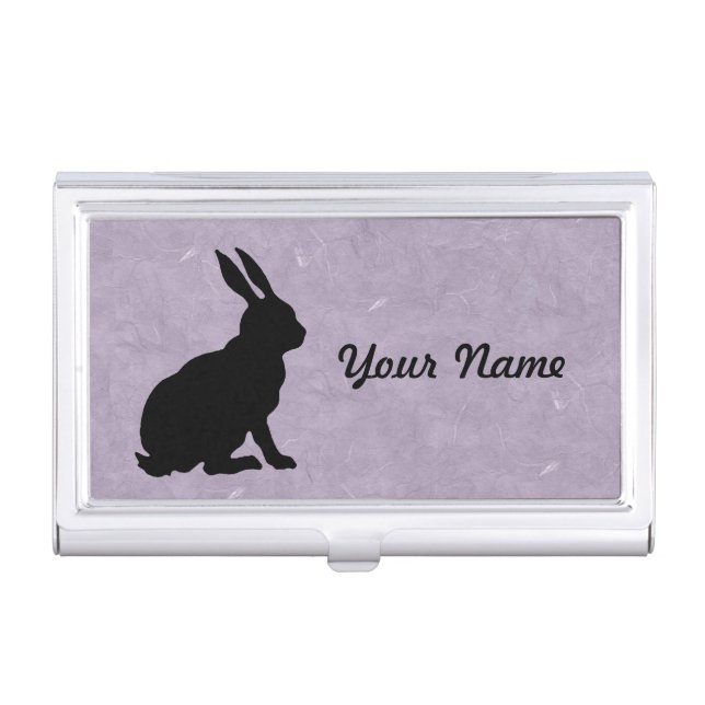 Black Silhouette Side View sitting Rabbit Purple Business Card Holder (Front)
