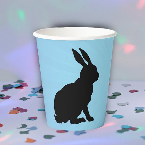 Black Silhouette Sitting Bunny Tall Ears on Blue Paper Cups
