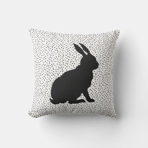 Black Silhouette Sitting Rabbit on Black Dots Outdoor Pillow