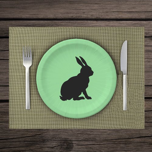 Black Silhouette Sitting Rabbit on Green Paper Plates