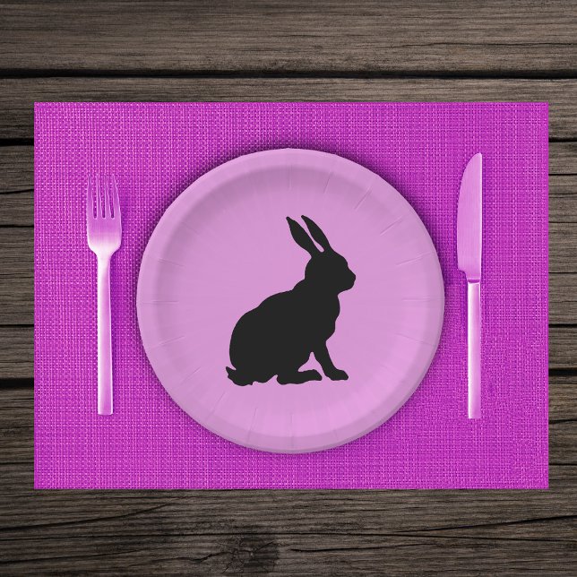 Black Silhouette Sitting Rabbit on Hot Pink Paper Plates (Black sitting silhouette bunny rabbit on hot pink paper party plates.)