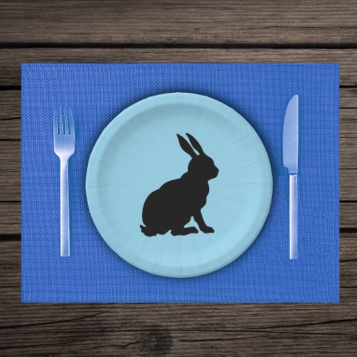 Black Silhouette Sitting Rabbit on light Blue Paper Plates