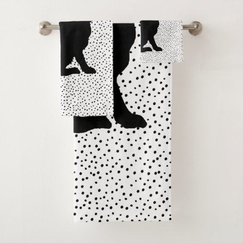 Black Silhouette Sitting Rabbit on Polka Dots Bath Towel Set