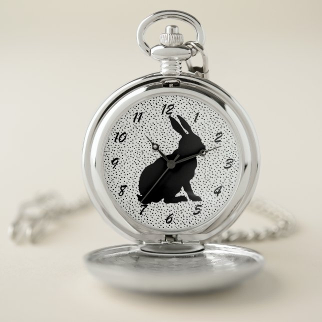 Black Silhouette Sitting Rabbit Tall Ears dots Pocket Watch (Inside)