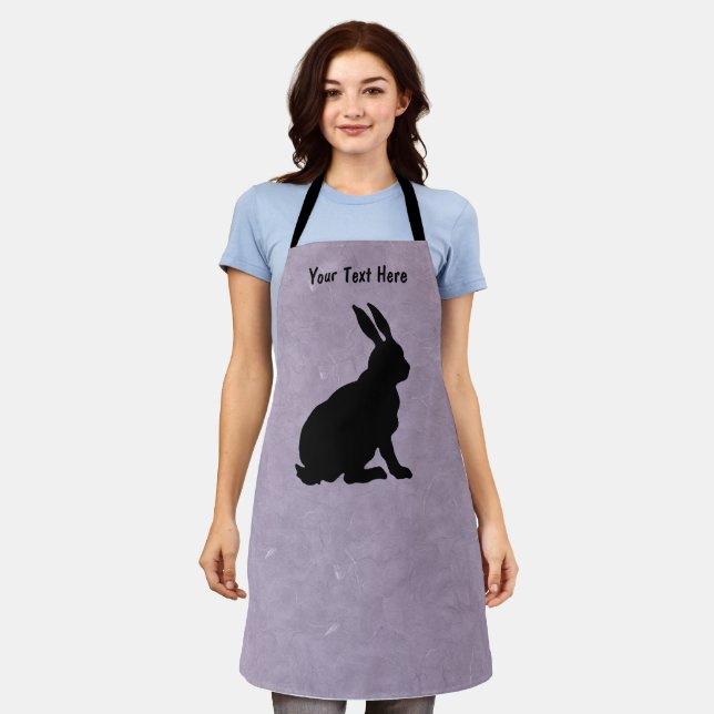 Black Silhouette Sitting Rabbit Tall Ears Purple Apron (Worn)