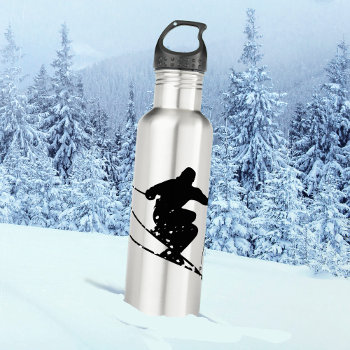 Black Silhouette Snow Skier Personalized Stainless Steel Water Bottle by Westerngirl2 at Zazzle