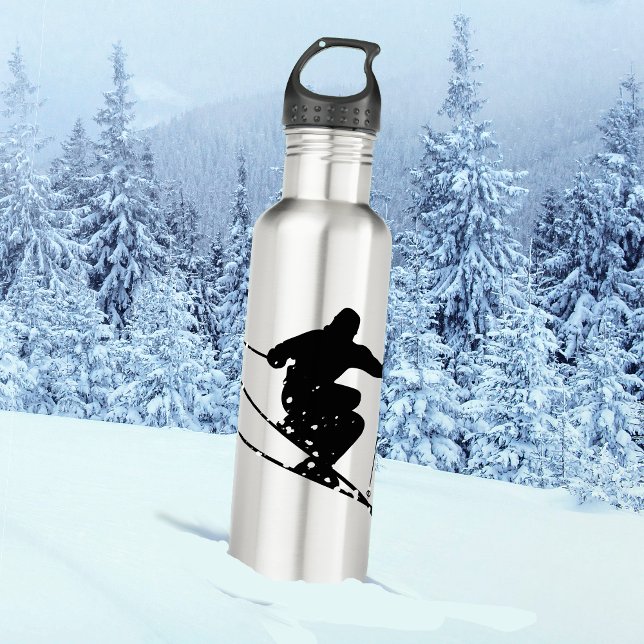 Black Silhouette Snow Skier Personalized Stainless Steel Water Bottle (Creator Uploaded)