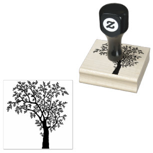 Black Silhouette Tree with Leaves Rubber Stamp