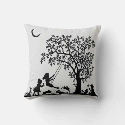 Black Silhouette Vintage Style Bunnies Throw Pillow