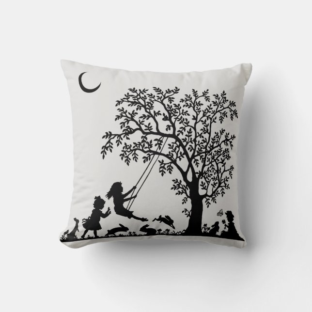 Black Silhouette Vintage Style Bunnies Throw Pillow (Front)
