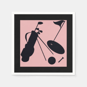 Black silhouettes of golf items on pink background napkins