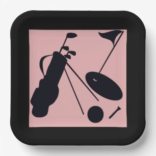 Black silhouettes of golf items on pink background paper plates