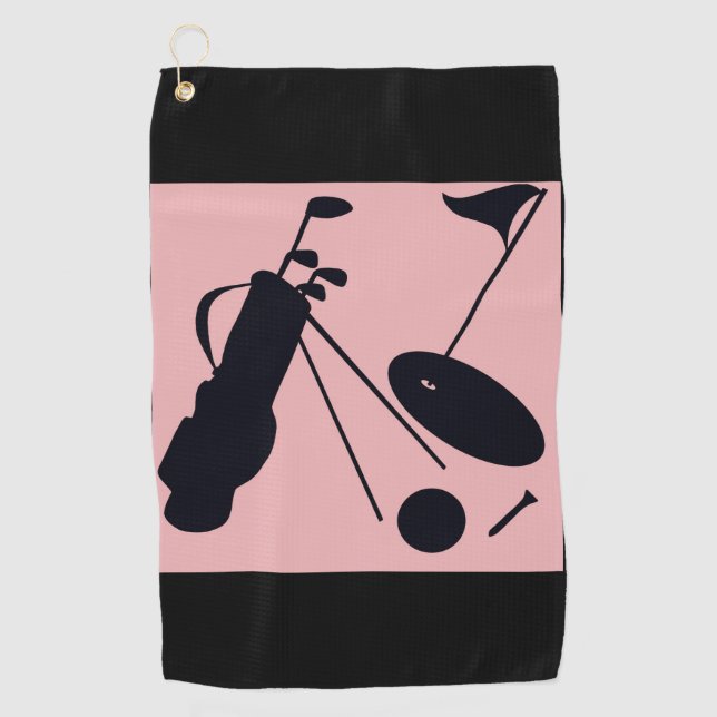 Black silhouettes of golf items on pink background towel (Front)