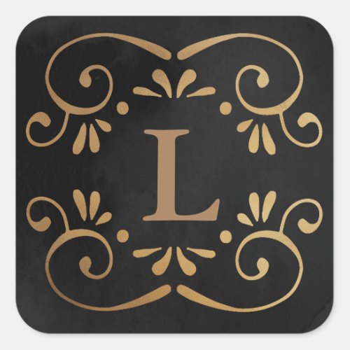 Black silk gold faux foil flourish monogram square sticker