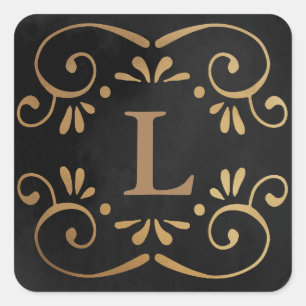 Black silk gold faux foil flourish monogram square sticker