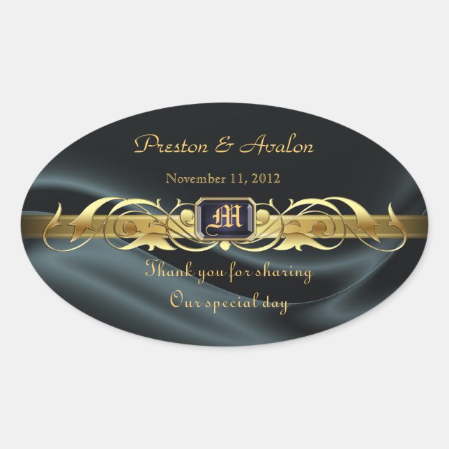 Black Silk Gold Scroll Oval Wedding Wine Sticker (Front)