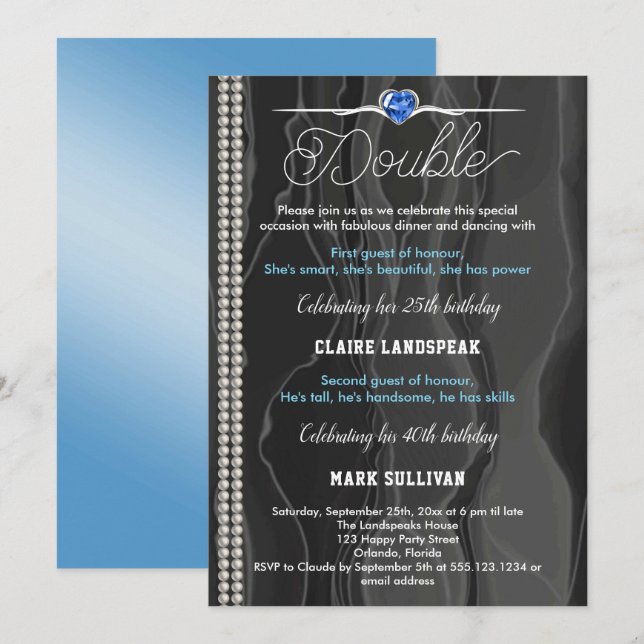 Black Silk, Pearls & Blue Adult Joint Birthday Invitation (Front/Back)