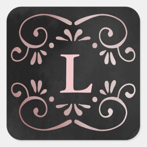 Black silk rose gold faux foil flourish monogram square sticker